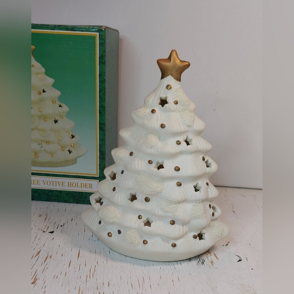 Vintage Matte Ceramic Christmas Tree Votive Holder White w Gold Star Decoration - Picture 4 of 11